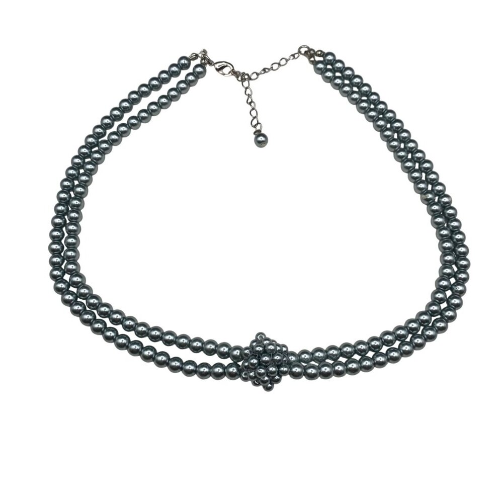 Double Strand Glass Pearl Necklace Steel Blue Cluster Pendant 17+3" Silver Tone